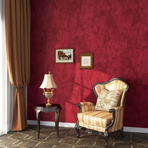 ReWallpaper Stoff Beflocken Tapete Rot 44.5cm×7m Selbstklebende Folie für Möbel Vintage Samtoptik Klebefolie Velour Rot Beflockte Stofftapeten Schlafzimmer Flur Dickere Dekofolie K