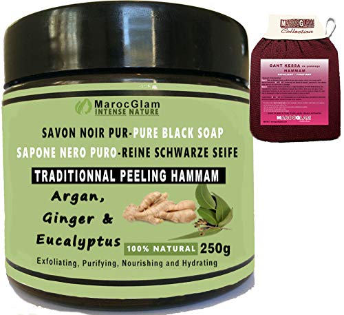 Savon Noir Gommage 250g +Gant de gommage kessa OFFERT (de qualité) Gingembre - Eucalyptus à Huile d'ARGAN 100% Naturel - Hammam Marocain Exfoliant - Purifiant - MAROC GLAM Cover