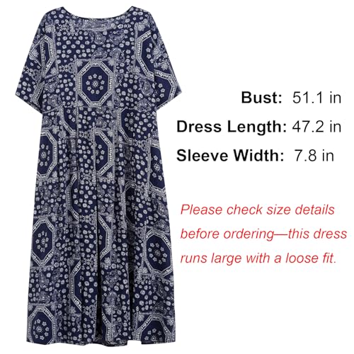 Women Plus Size Dresses Summer Vintage Print O Neck Oversized Boho Vacation Casual Robe with Side Pockets3