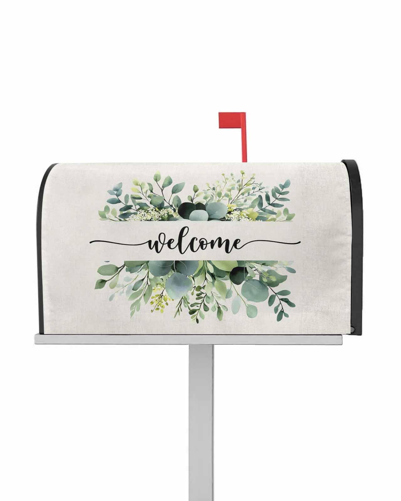 Wreath Welcome Mailbox Cover Magnetic Mailbox Wraps, Spring Summer Eucalyptus Leaves Mailbox Covers Large Size 21x25.5 inch,Welcome Mail Wrap Farm Post Letter Box Decoration for Outdoor Gardern Yard