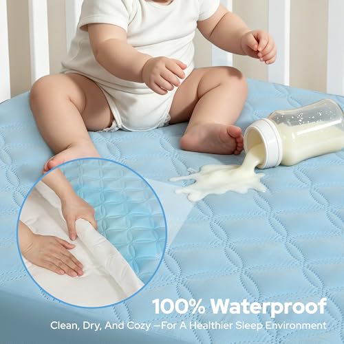 Image of BEDLORE Baby Crib Mattress Protector 2-Pack Waterproof Blue 52 inchx28 inch