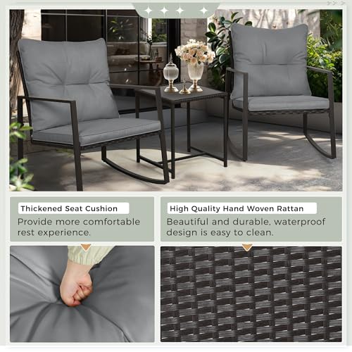 SUNCROWN 3 Piece Outdoor Rocking Bistro Set Black Wicker Furniture Porch Chairs Conversation Sets with Glass Coffee Table, Dark Grey
