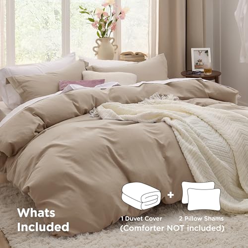 Image of Bedsure Light Brown Duvet Cover Full Size - 3 Pieces Prewashed Extra Soft Cotton-Like Bedding Set, Includes 1 Duvet Cover 80x90 Inches with Zipper Closure & 2 Pillow Shams, Comforter Not Included