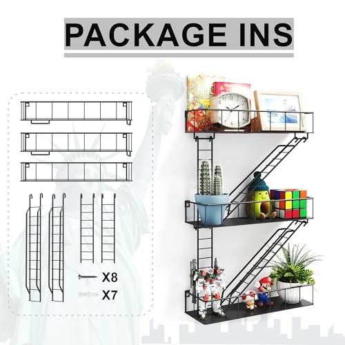 Image of Black Metal Fire Escape Wall Shelf, Unique Decorative Shelves for Wall, New York Shelf Ladder Storage, Funky Knick Knack Shelf Organizer, Industrial Wall Shelves for Bathroom,Living Room