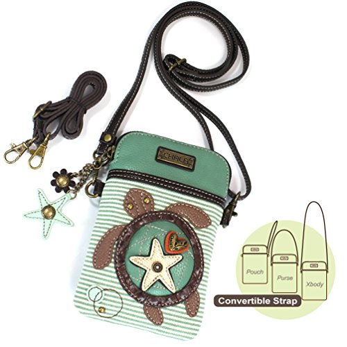 CHALA Ocean Collection Cell Phone Crossbody Purse-Women PU Leather/Canvas Multicolor Handbag with Adjustable Strap - Turtle - teal stripe - Image 2