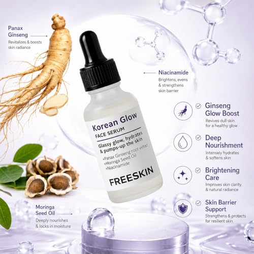 Image of Freeskin Korean Glow Face Serum with Panax Ginseng Root Extract, Moringa Seed Oil & Niacinamide | Glass Skin Effect, Deep Hydration & Skin Plumping | For All Skin Types - 30ml