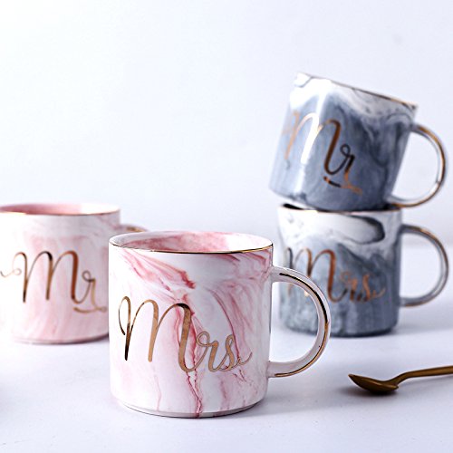 Marble Pattern Gold Edged Mug Set Of 2 Grey Mr And Pink Mrs 12Oz Coffee Cup Tea Mug Couple Gift #TOP3