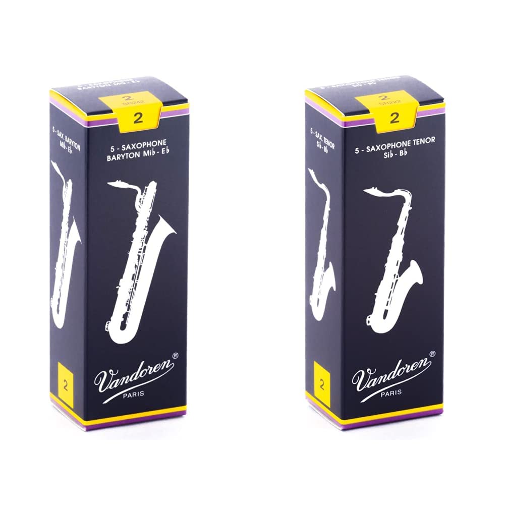 Vandoren SR242 Bari Sax and SR222 Tenor Sax Traditional Reeds Strength 2; Box of 5