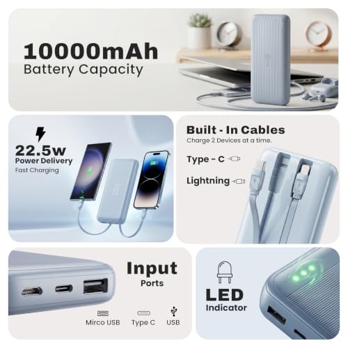 Image of EVM EnConnect 10000mAh Power Bank| 22.5W Fast Charging | Built-in Type-C & Compact Portable Charger with USB & Type-C Output | for iPhone Android, Pocket Size | 2 Year Warranty (EVM-P0501-Misty Blue)