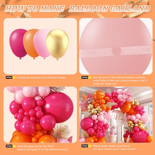 Image of Pink and Orange Balloon Arch Kit,412Pcs Hot Pink Orange Metallic Gold Latex Balloon Garland kit 18 12 10 5 Inch Different Size Balloons for Birthday Wedding Tropical Summer Party Decorations