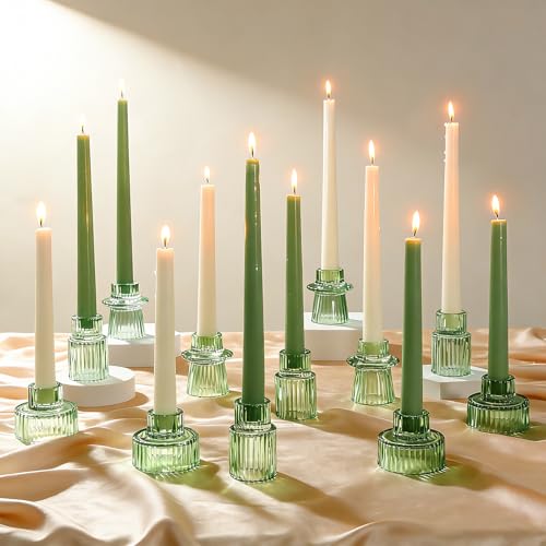 Turvono 12 Pack Ribbed Green Glass Candle Holders for Table Centerpieces