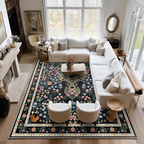 Image of Area Rug Vintage Floral Deer Pattern 9x12 - Bohemian Forest Animal Carpet with Squirrel & Butterfly, Soft Decorative Area Rug for Living Room Bedroom Home Decor