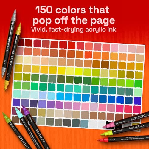 Image of ARTISTRO Acrylic Glass Markers for Wine Glasses and Drinkware (150 Pack), Vibrant Dual Tip Paint Pens for Party Charms & Bar Tools (Brush + Fine Tips)
