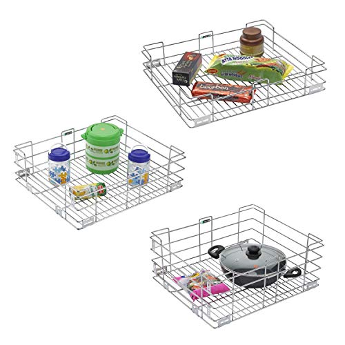SmartSlide Set of 3 Stainless Steel Modular Kitchen Basket (18 X 20 INCH) / Kitchen Trolley/Kitchen Drawer/Kitchen Cabinet/Utensils Storage Rack Organizer