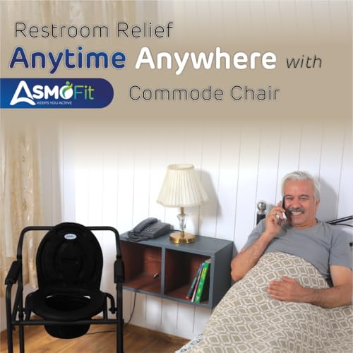 Image of Foldable Commode Chair Height Adjustable Use in Room or Over Toilet, Potty Chair with Armrests, Bedside Commode - Ideal for Adult, Pregnant Women, Elderly - Weight Capacity 100KG (Without Wheels - Black)