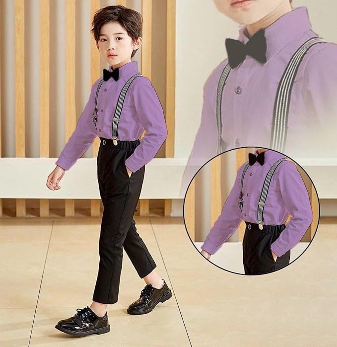 Image of SAGAR IMPEX Boys Cotton Blend Solid Full Sleeves Shirt and Pant Set with Suspender and Bow Tie | Clothing Set for Boys