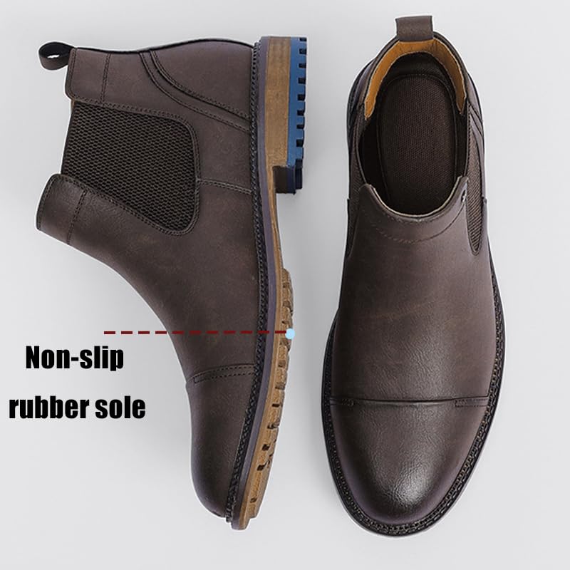 Men'S Leather Low Heel Dress Chelsea Boots Comfortable Round Toe Chunky Heel Slip-On Casual Chukka Ankle Boots With Side Elastic Bands Classic Ankle Boot4