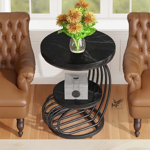 Image of MELVON End Table /Side Table with Black Marble Look Engineered Wood Top & Black Metal Frame, 2 Tier Storage for Living Room, Bedroom & Bedside | Full Black
