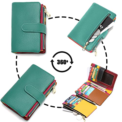 Small Bifold Real Leather Wallet Women Designer Minimalist RFID Blocking Wallet with Removable Card Holder & Coins Pocket (Aqua Green),WL-0312