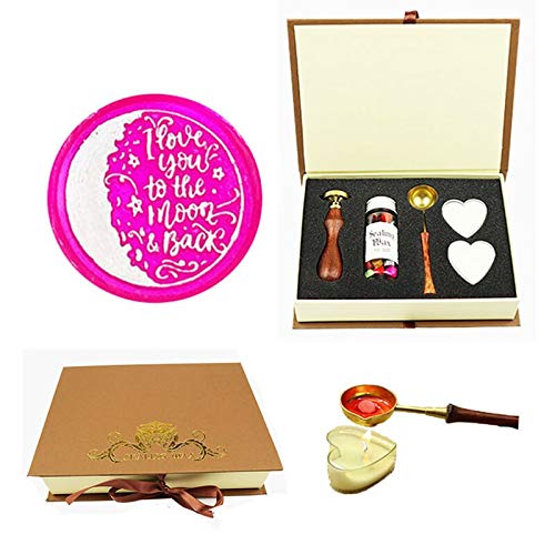 I Love You to The Moon Back Wax Seal Stamp Set, YGHM Gift Book Box Rosewood Handle Wax Beads Melting Spoon Set, Wedding Invitations Letters Vintage Seal Stamp