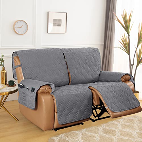 Housse de Fauteuil inclinable avec Rangement, Housse de canapé inclinable pour Causeuse, Lavable avec Sangles élastiques pour protéger Les Animaux domestiques et Enfants (2 Places, Gris foncé)