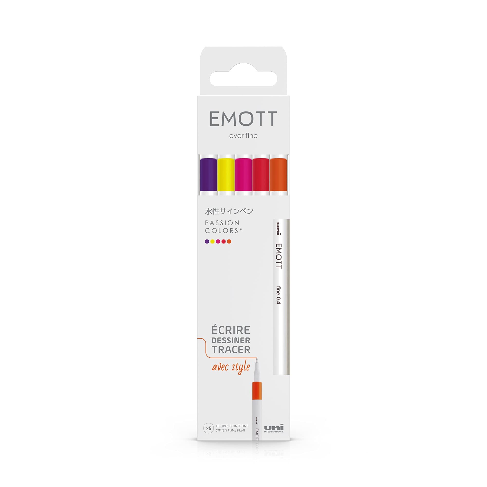 Uni-Ball Emott Uni Mitsubishi Pencil - 5 Felt Tip Pens Passion Colors - for Writing, Drawing, Drawing with Style! - Fine Tip 0.4 mm - Red, Fuchsia, Pink, Lemon, Dark Orange — image 1