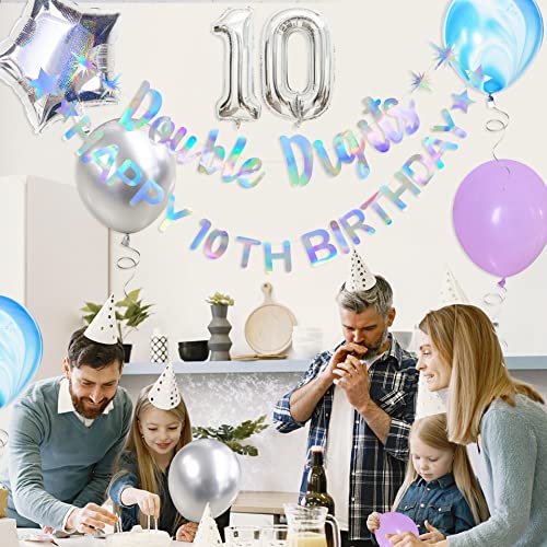 Image of Iridescent Double Digits Happy 10th Birthday Banner Garland Foil Balloon 10 for Girls Boys 10th Birthday Decorations Hanging 10 and Fabulous Cheers to 10 Years Old Ten Birthday Party Supplies Backdrop