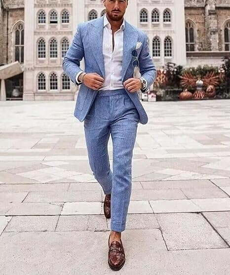 Men's Suit 2 Piece Slim Fit Linen Suits for Men Wedding Summer Casual Seersucker Suits Mens Suit Blazer Pants Set2