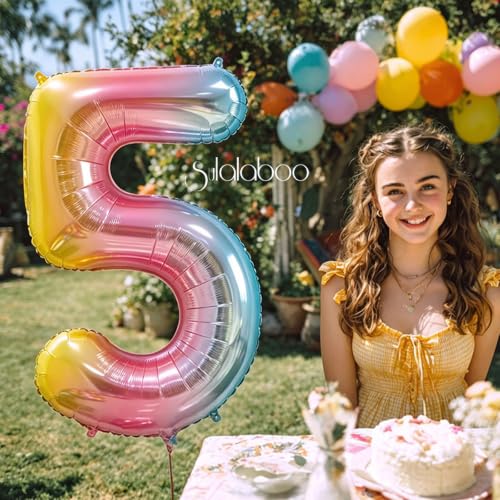 Image of Rainbow Gradient Number 5 Balloon 40 Inch Big Large Balloons 0-9 | 5th Helium Foil Mylar Number Balloons for Birthday Anniversary Party Decorations