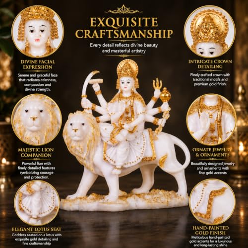 Image of ARMONIA Goddess Durga Idol Sherawali Mata Murti for Home Temple Mandir | Maa Durga Statue for Pooja Room Decor |Marble Dust| Best Gift for Navratri & Housewarming 10 Inch (1 Microfiber Cleaning Cloth)