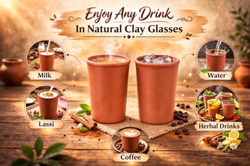 Image of KSI Handcrafted Earthen Clay Kulhad Tea Cup Set of 2 | 225 ml Mitti Chai Cup Mug | Unglazed Terracotta Tea Glass for Chai Coffee Milk | Traditional Kullar Style Drinkware