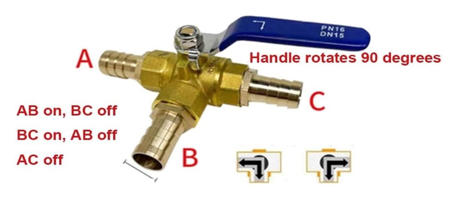 válvula de bola de tubería, Válvula de latón 3 vías con puerto en L, 1 unidad, conector manguera, adaptador for agua, aceite, aire y gas(16mm)