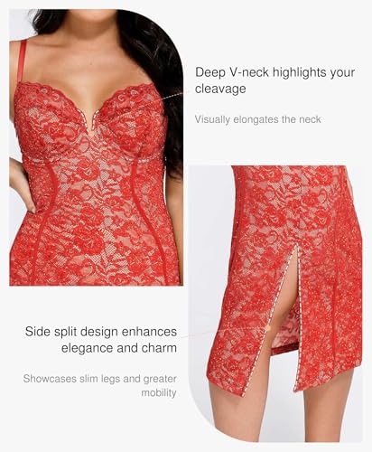 Image of Popilush Lace Corset Dress with Built in Shapewear Formal Cocktail for Women Deep V Neck Side Slit Bodycon Midi Black