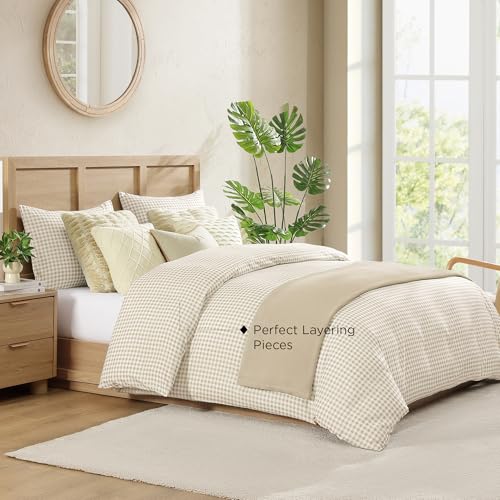 Image of Andency Gingham Duvet Cover Queen Size, Cream Beige Checkered Plaid Bedding Set, 3 Pieces Soft Prewashed Polyester Comforter Cover with Zipper Closure & Corner Ties