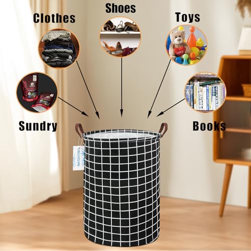Image of Laundry Basket Canvas Fabric Collapsible Organizer Basket for Storage Bin Toy Bins Gift Baskets Bedroom Clothes Children Nursery Hamper (Black Grid)