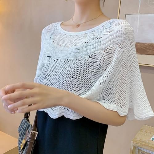 Image of Knitted Shrug for Women, Hollow-Out Cover Up, White | Lightweight Cotton Blend With Scoop Neck And 20-Inch Length For Dresses, Camisoles And Tops For Casual