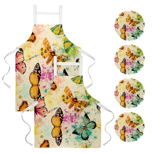 Lot de 2 tabliers de cuisine avec 4 broches motif papillon vintage