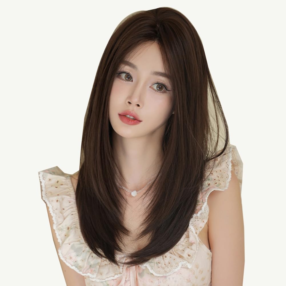22 Inches long Hair for Women Black Synthetic Hair Natural Long Straight Wig With Curtain Bangs Party Cosplay Wig for Girl (Black Tea)