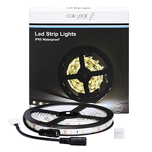 OAK LEAF 16.4ft Waterproof Flexible LED Strip Lights,300 Units SMD 2835 LED,Daylight White,LED Tape,12V LED Light Strips for Home Kitchen DIY Car Bar Indoor Party Decoration