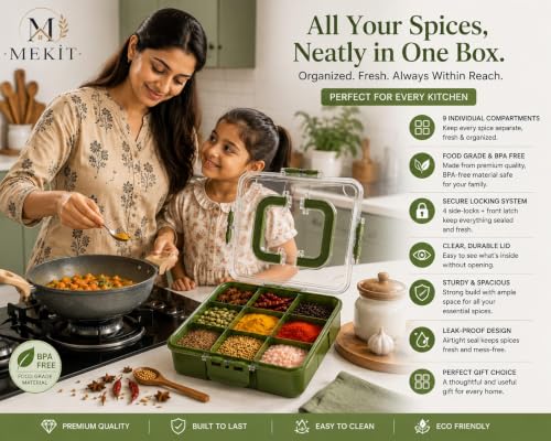 Image of MEKIT Masala box plastic With 9 Compartment | Big Kitchen Stylish Airtight Spice box Container | Transparent Organizer For kitchen storage Dabba (23x23x7cm) Olive Green