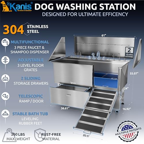 Image of KANIS Professional Dog Washing Station 304 Stainless Steel Pet Wash Sink & Grooming Bathtub w /Shower, Floor Grates and Storage for Large, Medium & Small Pets (Silver, 61 Inches, Right Ramp, 2 Drawers)