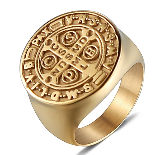 JAJAFOOK Men Gold Plated Stainless Steel Catholic St Benedict Exorcism Signet Ring Cross Band