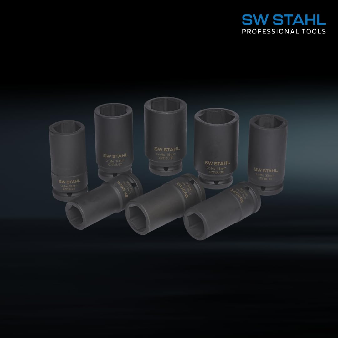 SW-Stahl 07910L Zestaw Kluczy Nasadowych Impact 3/4 Cala, 8 Sztuk | Nasadki sześciokątne ze stali chromowo-wanadowej, rozmiar 20 mm, profesjonalny komplet do kluczy udarowych