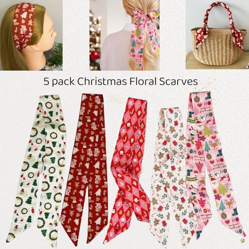 5PCS Christmas Scarf for Bags Handbag Handle Ribbon Satin Neck Scarf Neckerchief Headbands Hair Scarf for Women Girls2