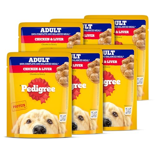 Image of Pedigree Adult Wet Dog Food, Chicken & Liver Chunks in Gravy, 70 g, Made with Real Meat Protein, 100% Complete & Balanced Meal for Adult Dogs (Pack of 6)