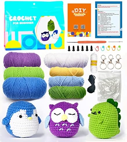 3pcs Beginner Crochet Kit with Step-by-Step Tutorial(Penguin+Dinosaur+Owl),Complete Crochet Animal Kit for Beginners,Starter Pack for Adults and Kids,Easy Peasy Knitting Crochet Hook
