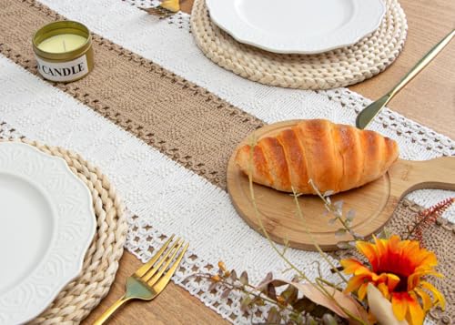 Image of FEXIA Boho Table Runner for Home Coffee Decor 90 Inches Long Farmhouse Rustic Table Runner Macrame Burlap Centerpieces for Tables Decoration for Kitchen Bedroom Decor Bridal Shower (12x90 Inches)
