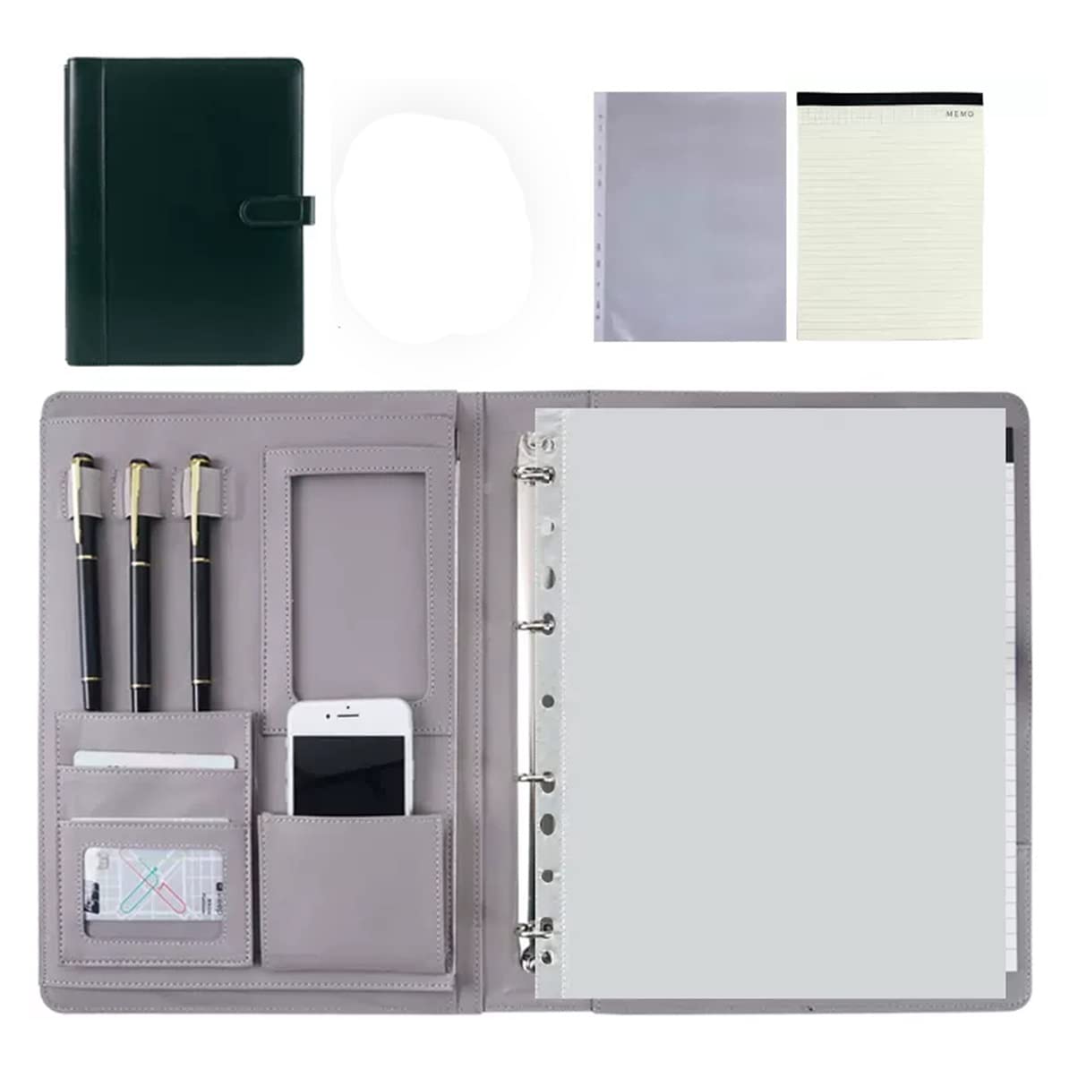 Teczka konferencyjna Organizer na dokumenty， Teczka A4 z schowkiem i miejscem do przechowywania, teczka konferencyjna A4 z segregatorem 4-ringowym(Dark Grey,8digit calculator)