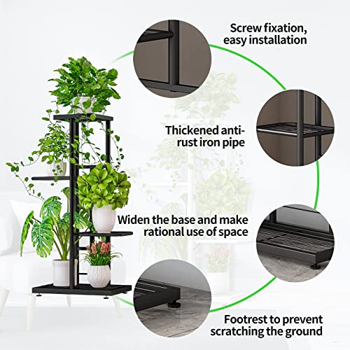 Solatmos Metal Plant Stand With Grow Lights Multiple Wood Flower Planter Pot Holder Shelf Rack Display For Patio Garden Corner Balcony Living Room (Black Iron, 4 Tier-5 Potted) #TOP4