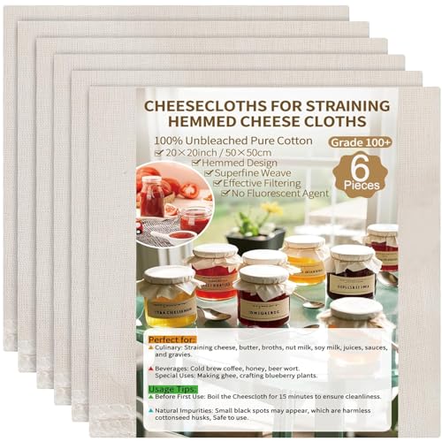 6PCS Cheese Cloths for Straining 50 x 50 cm Grade 100 Muslin Cloths for Cooking Unbleached Cheesecloth for Butter Juice Tea Coffee Filtering Nut Milk